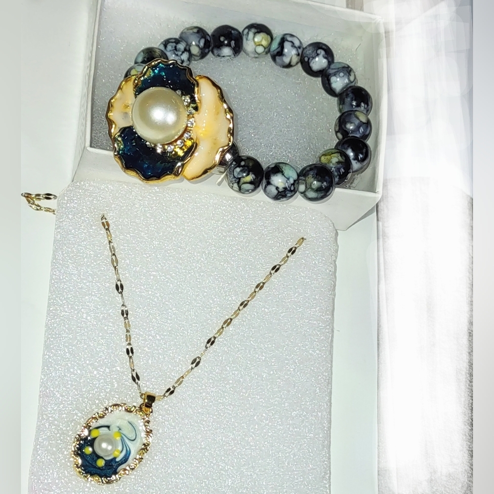 Pearl Enamel Pendant Interchangeable Teal Blue Bracelet Set of 3 pcs